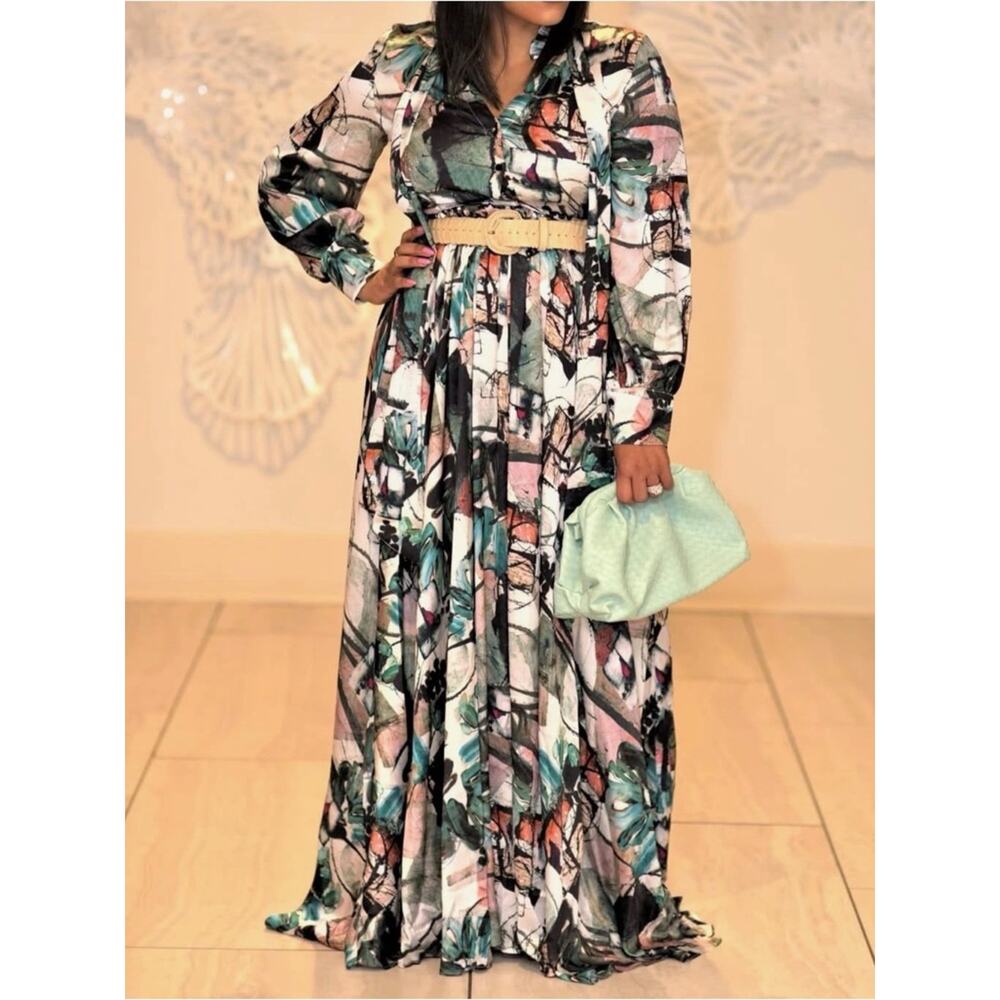 Abstract Watercolor Maxi Dress wearable art Boho Wedding Guest NWT Small resort